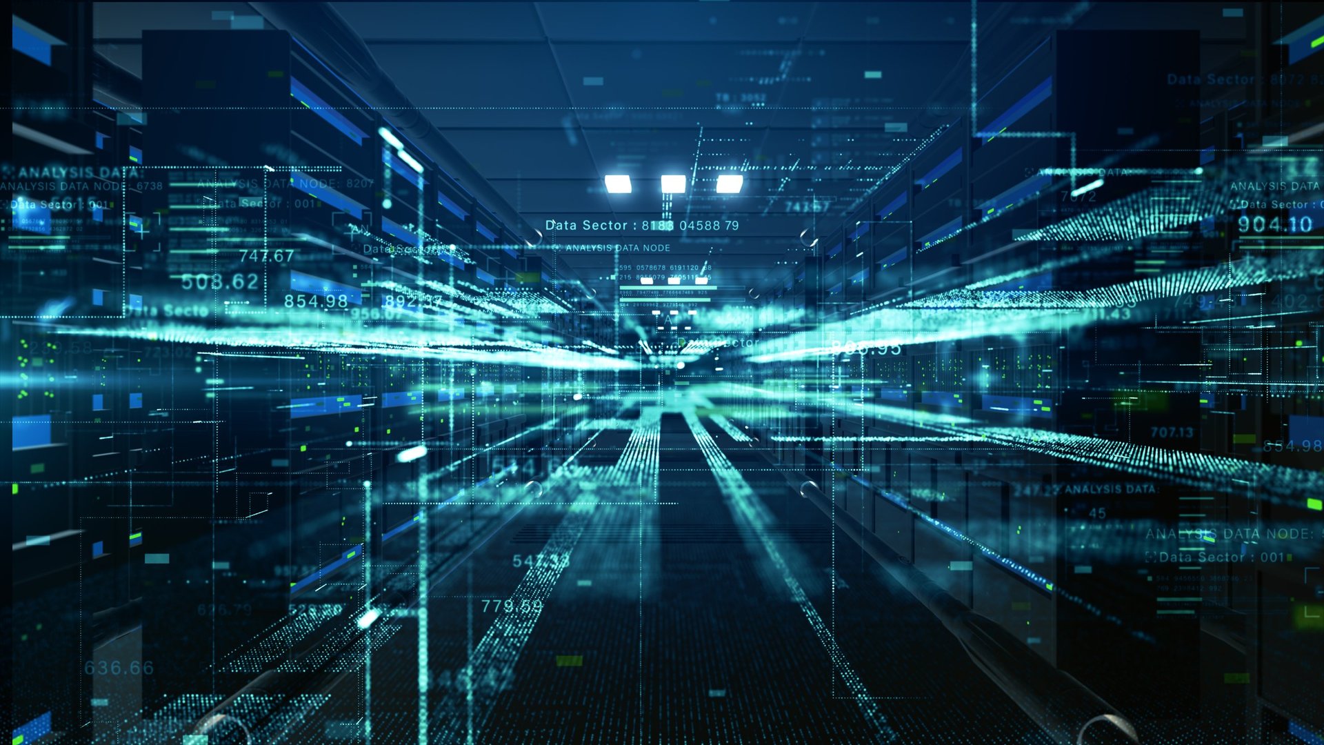 Futuristic data center with high-speed digital transmission lines, AI analytics, and big data processing streams.