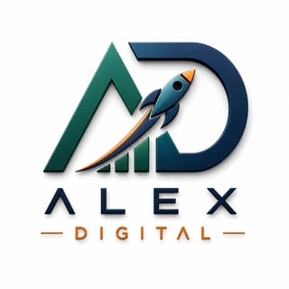Alex Digital logo featuring green and blue letters with an upward rocket, growth bars, and orange accents